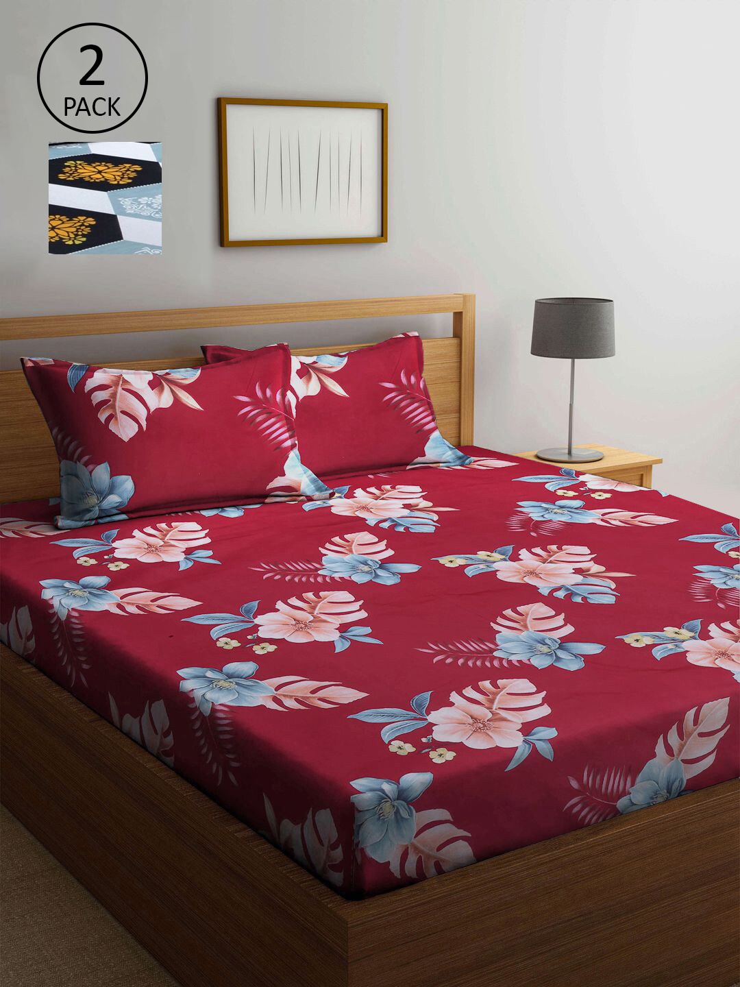 

KLOTTHE Blue & Maroon Floral 210 TC 2 King Bedsheet with 4 Pillow Covers