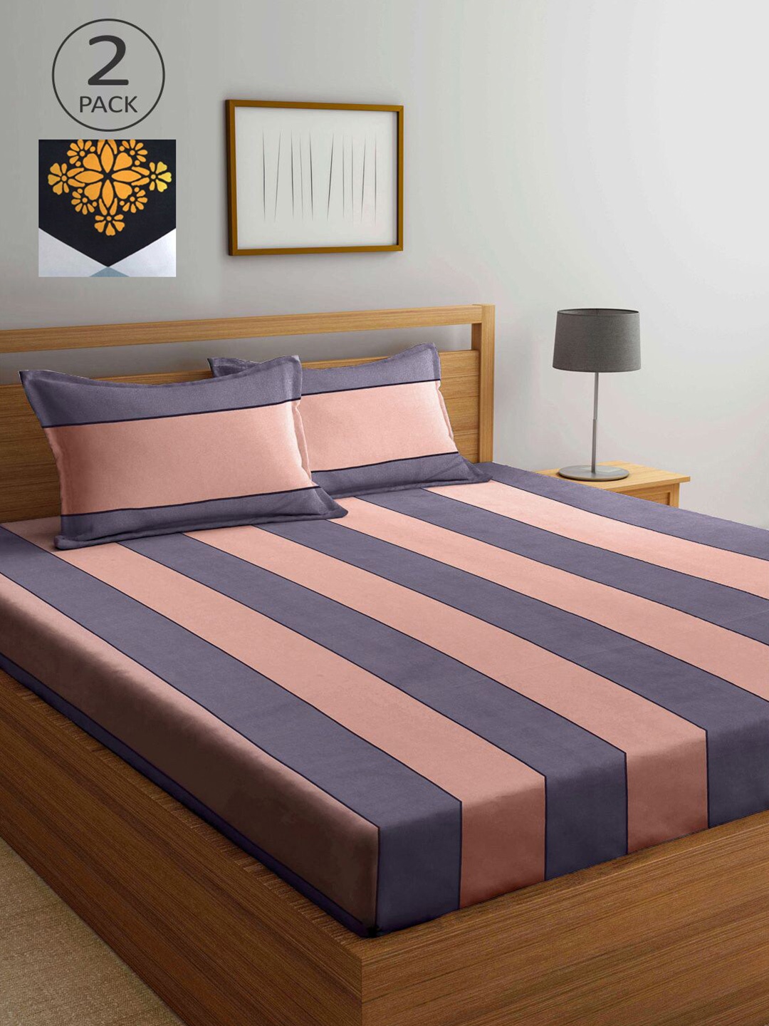 

KLOTTHE Blue & Peach-Coloured Striped 210 TC 2 King Bedsheet with 4 Pillow Covers