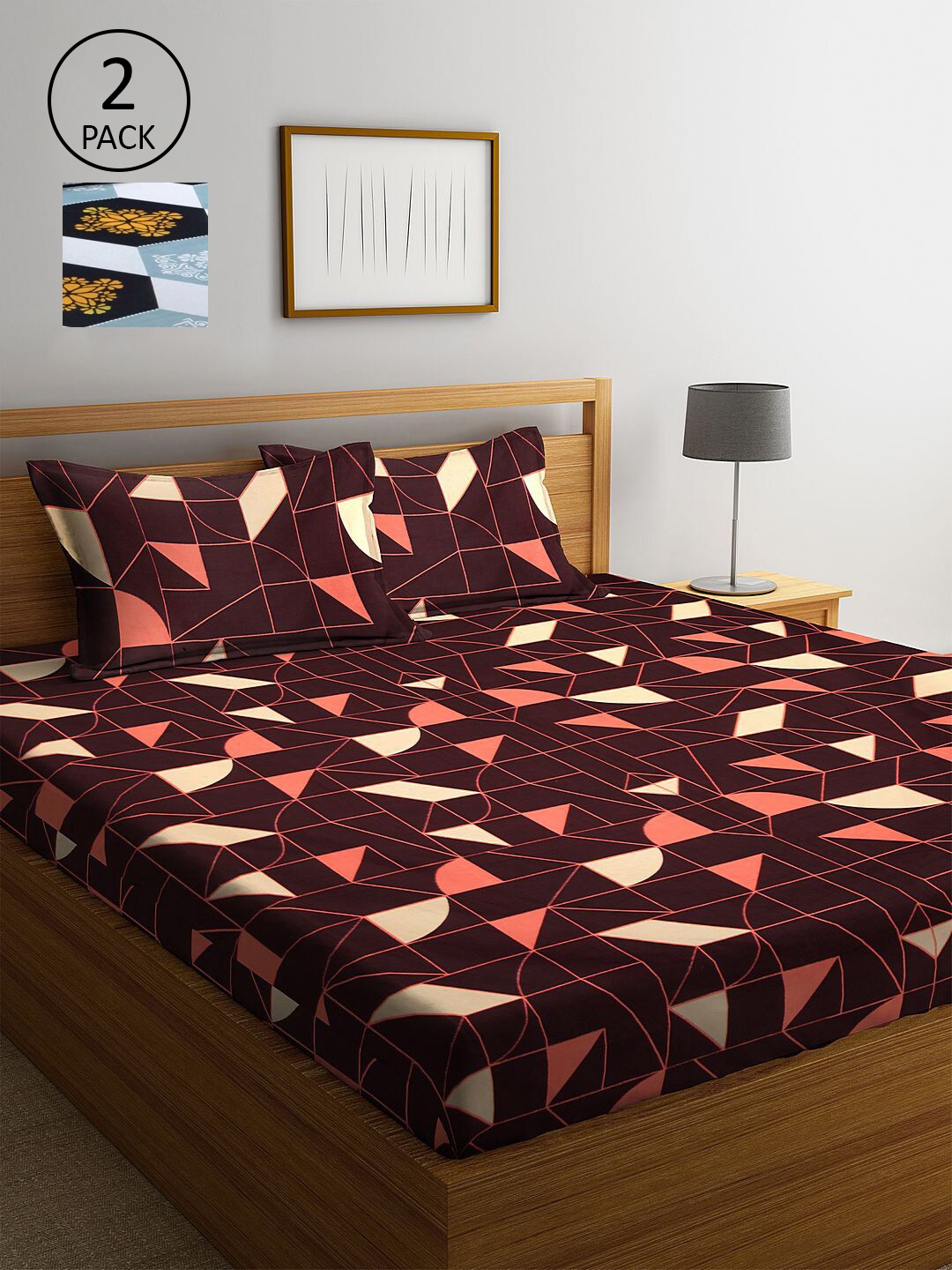 

KLOTTHE Brown & Blue Geometric 210 TC 2 King Bedsheet with 4 Pillow Covers