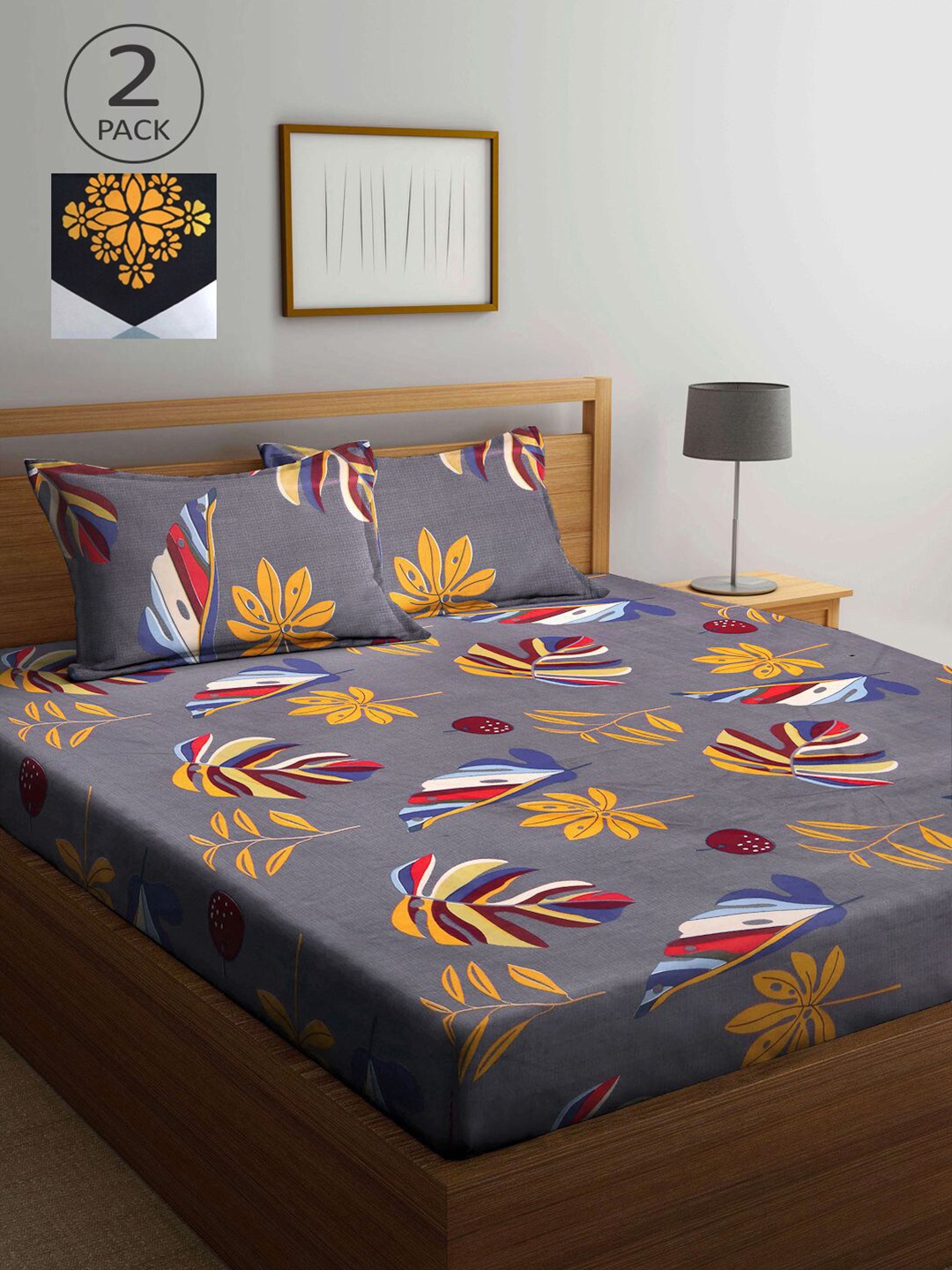 

KLOTTHE Grey & Black Floral 210 TC 2 King Bedsheet with 4 Pillow Covers