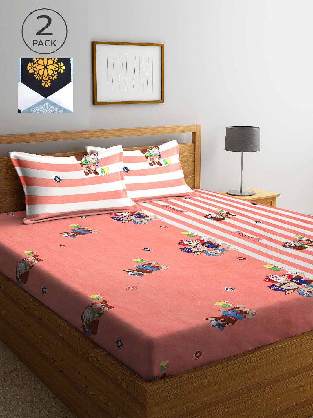 

KLOTTHE Blue & Peach-Coloured Cartoon Characters 210 TC 2 King Bedsheet with 4 Pillow Covers