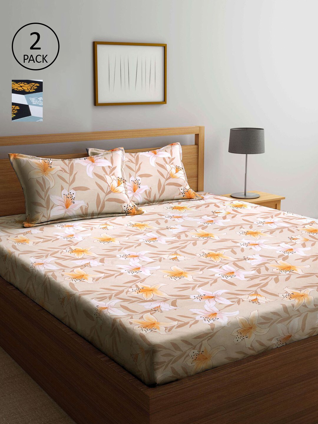 

KLOTTHE Blue & Beige Floral 210 TC 2 King Bedsheet with 4 Pillow Covers
