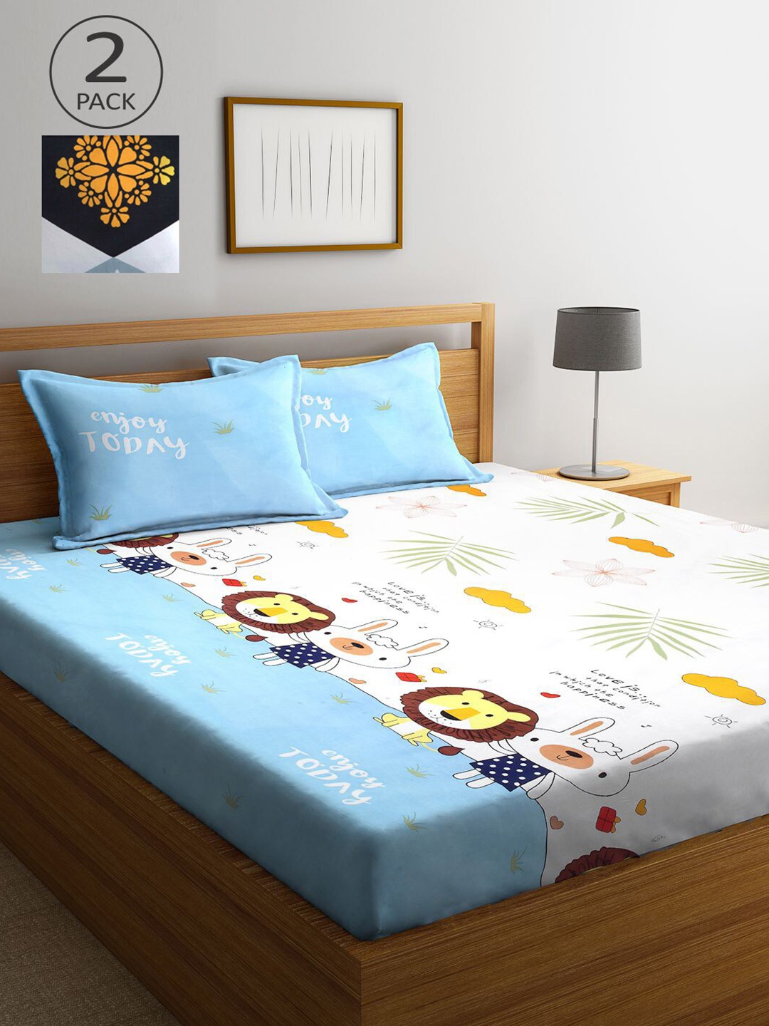 

KLOTTHE Blue & White Cartoon Characters 210 TC 2 King Bedsheet with 4 Pillow Covers
