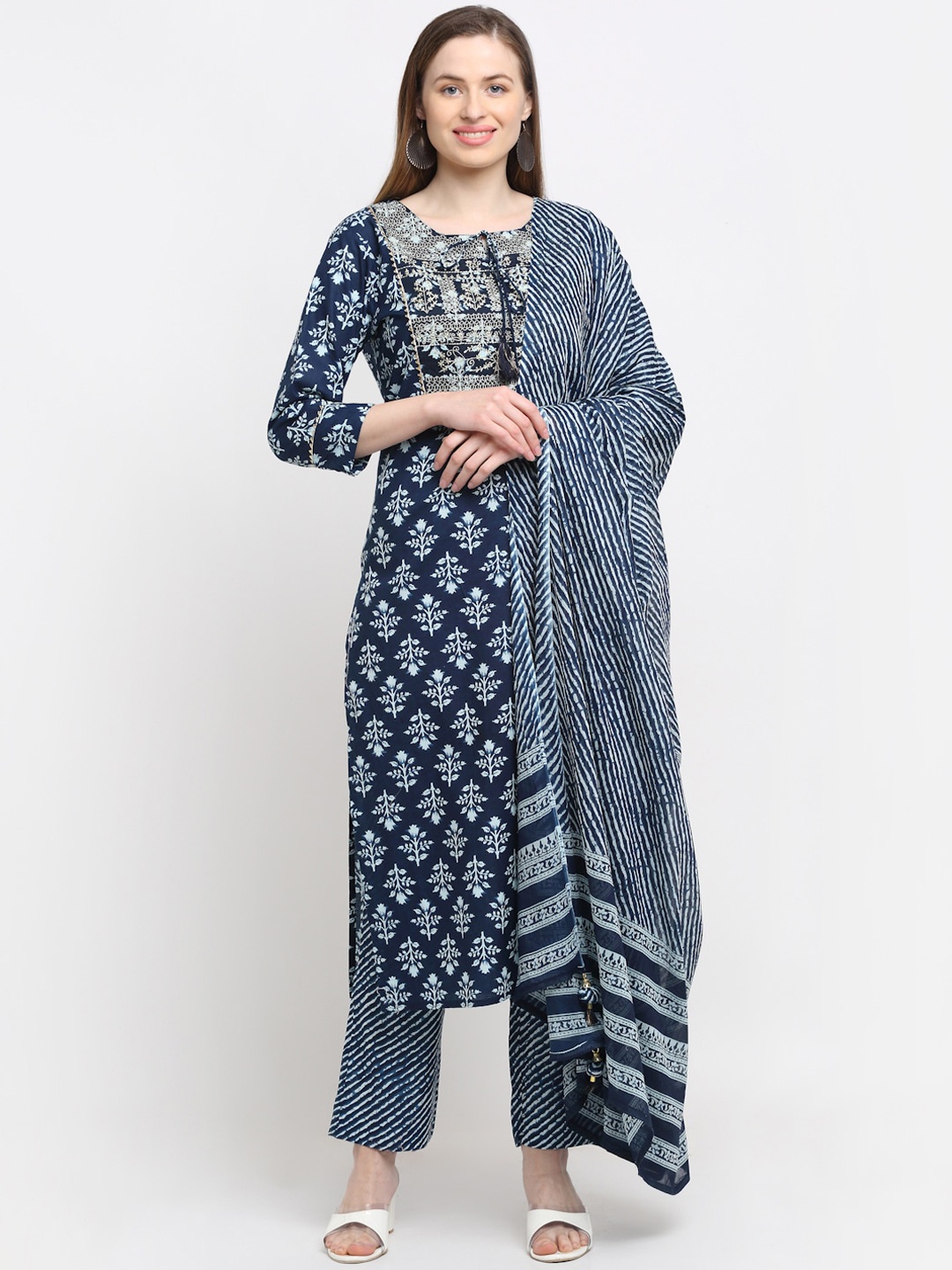 

KALINI Women Navy Blue Ethnic Motifs Printed Pure Cotton Kurta with Trousers & Dupatta