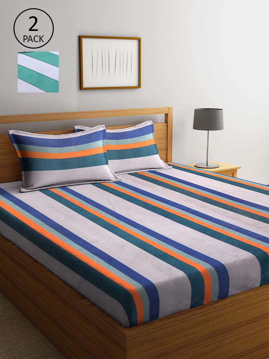 

KLOTTHE Green & Orange Striped 210 TC 2 King Bedsheet with 4 Pillow Covers