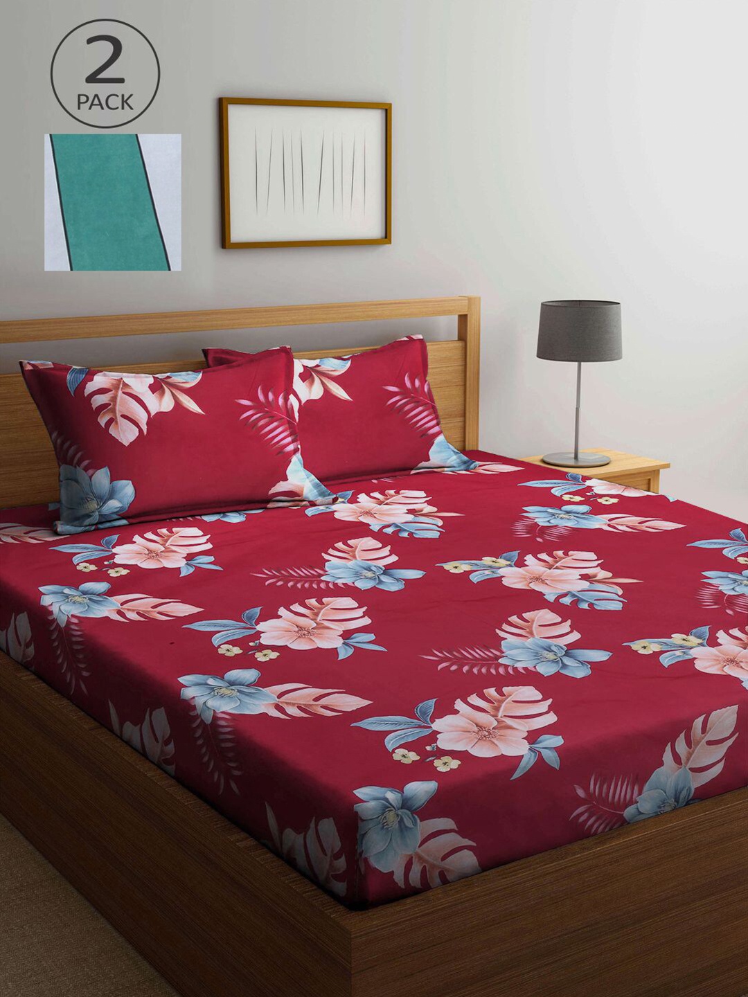 

KLOTTHE Green & Maroon Floral 210 TC 2 King Bedsheet with 4 Pillow Covers