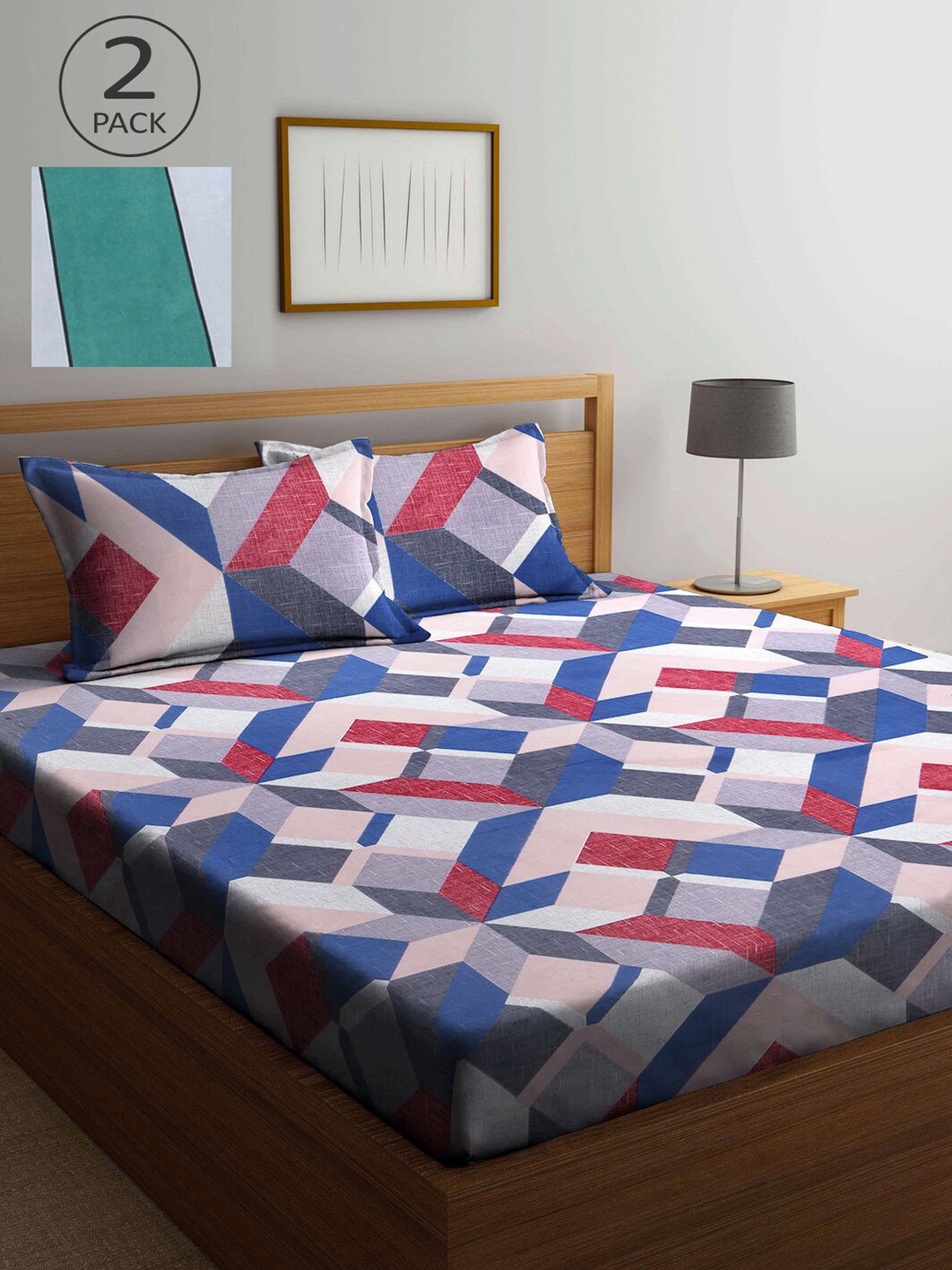 

KLOTTHE Green & Pink Geometric 210 TC 2 King Bedsheet with 4 Pillow Covers