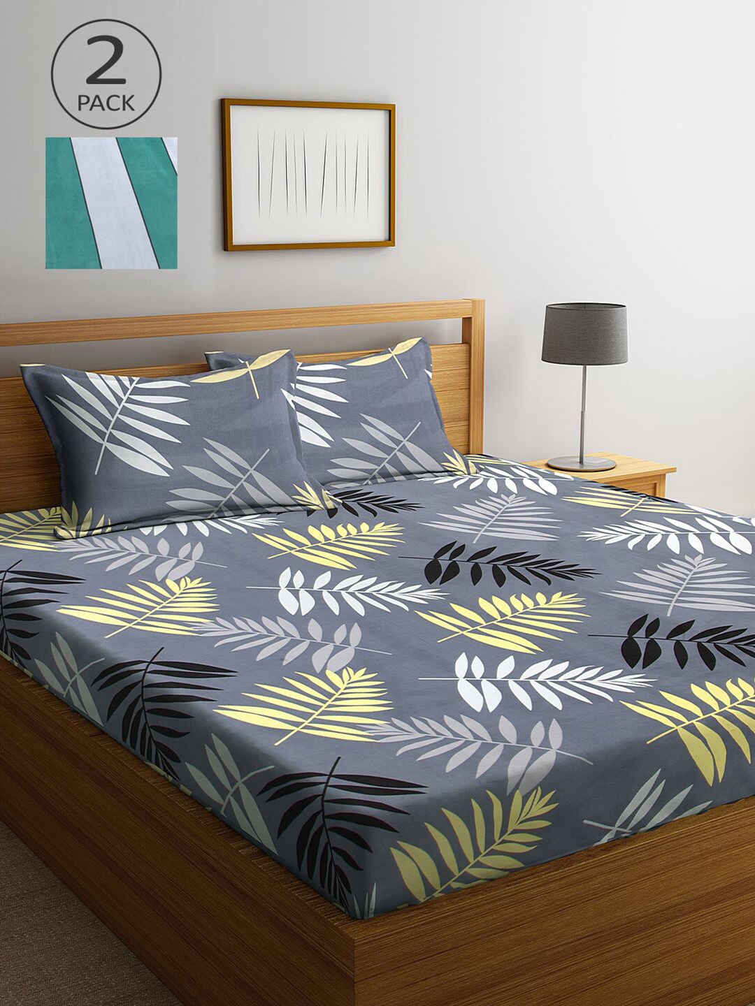 

KLOTTHE Set of 2 Green & Grey Floral 300 TC King Bedsheet with 4 Pillow Covers
