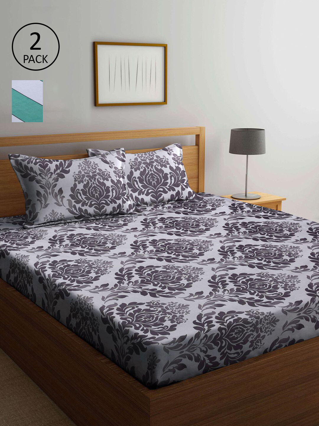 

KLOTTHE Green & Grey Floral 210 TC 2 King Bedsheet with 4 Pillow Covers