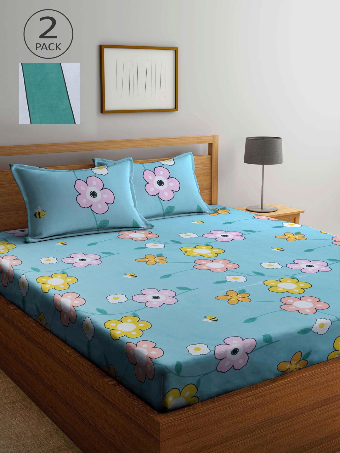 

KLOTTHE Blue & Green Floral 210 TC 2 King Bedsheet with 4 Pillow Covers