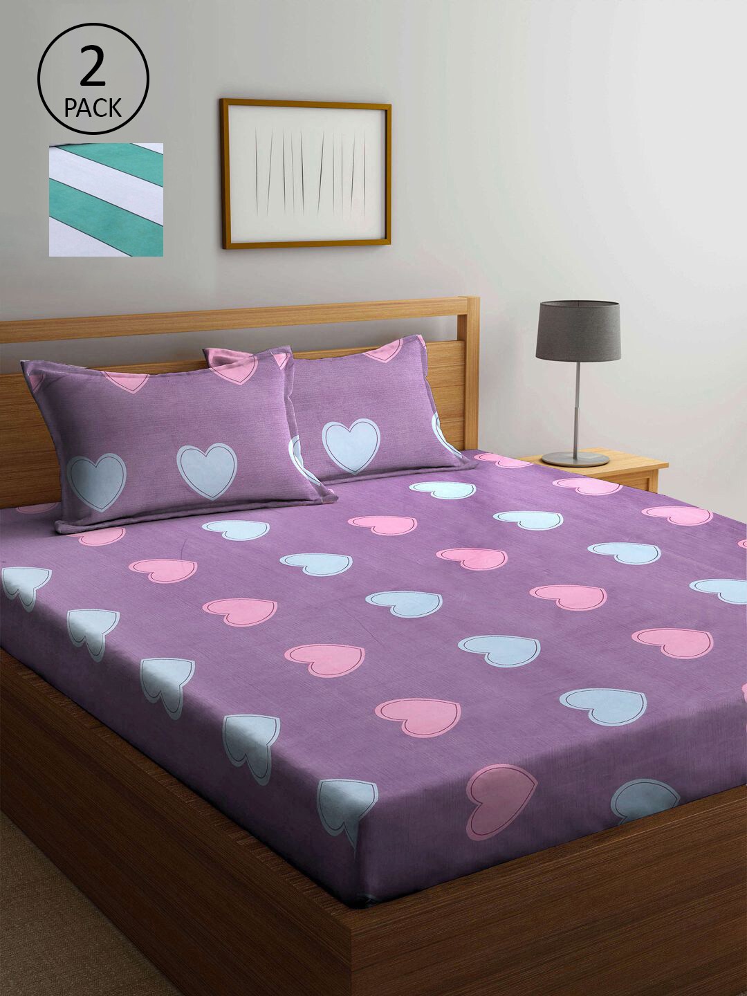 

KLOTTHE Green & Purple Geometric 210 TC 2 King Bedsheet with 4 Pillow Covers