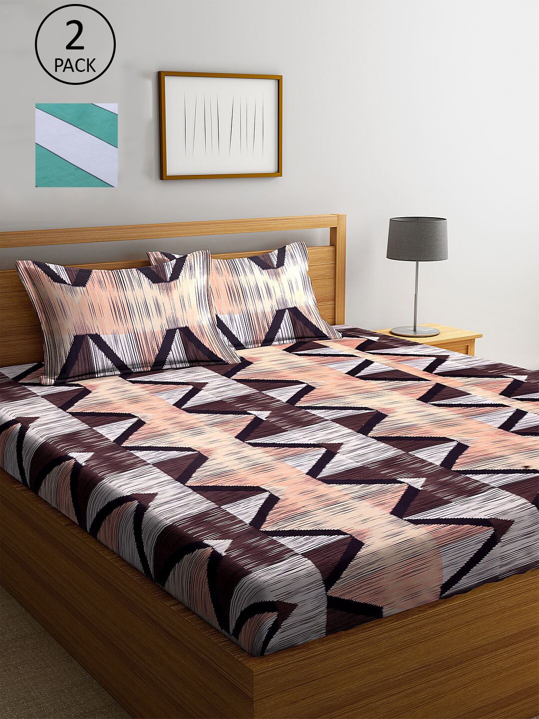 

KLOTTHE Green & Brown Geometric 210 TC 2 King Bedsheet with 4 Pillow Covers