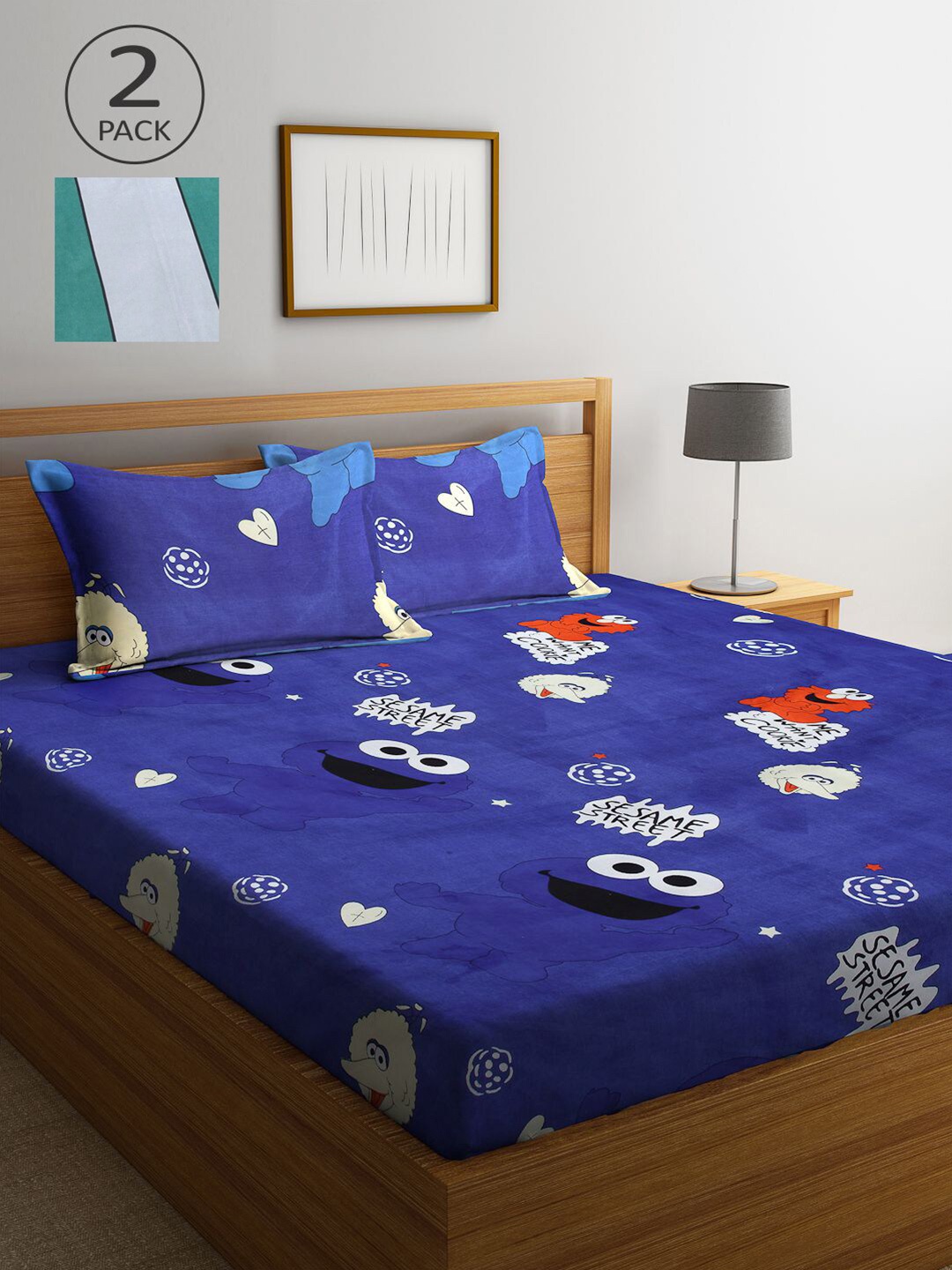 

KLOTTHE Blue & Green Cartoon Characters 210 TC 2 King Bedsheet with 4 Pillow Covers