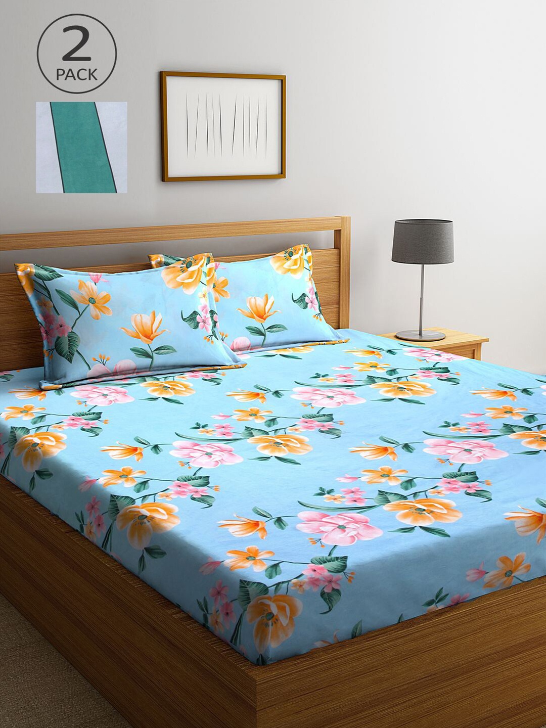 

KLOTTHE Blue & Green Floral 210 TC 2 King Bedsheet with 4 Pillow Covers
