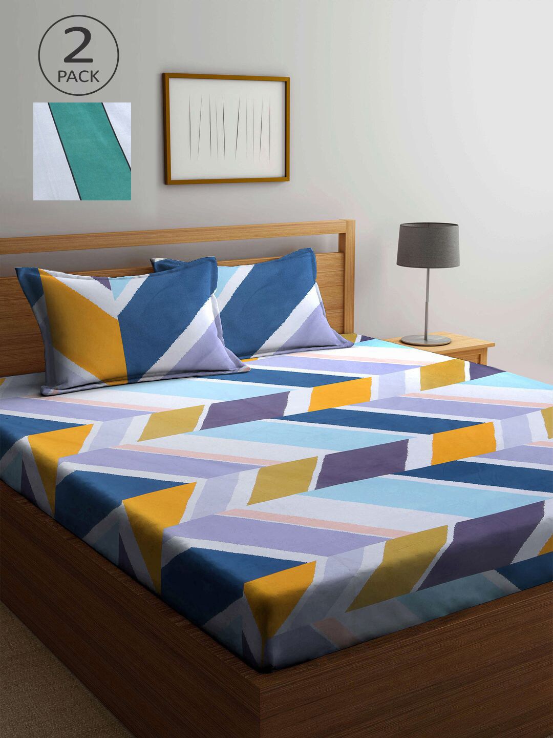 

KLOTTHE Blue & Green Geometric 210 TC 2 King Bedsheet with 4 Pillow Covers