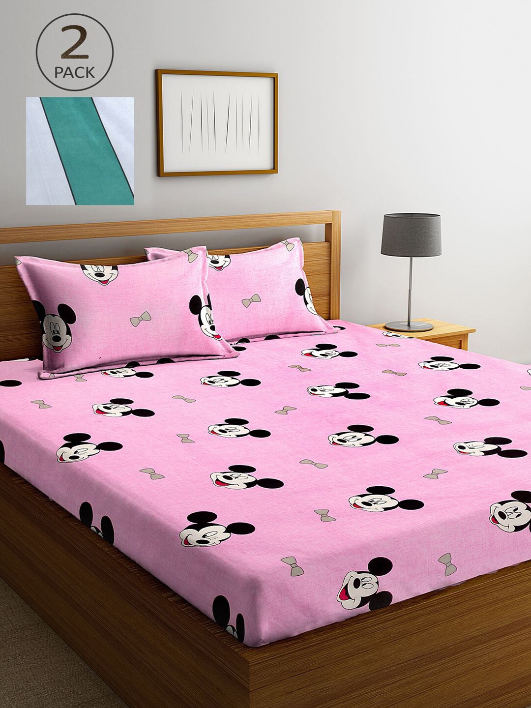 

KLOTTHE Pink & Green Cartoon Characters 210 TC 2 King Bedsheet with 4 Pillow Covers