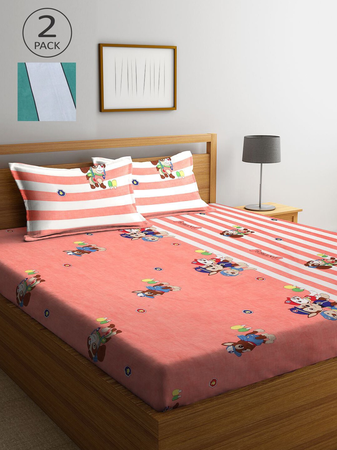 

KLOTTHE Pink & Green Cartoon Characters 210 TC 2 King Bedsheet with 4 Pillow Covers