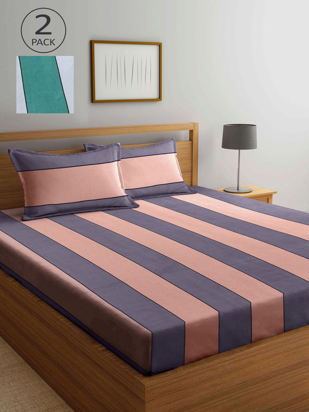 

KLOTTHE Purple & Pink Striped 210 TC 2 King Bedsheet with 4 Pillow Covers