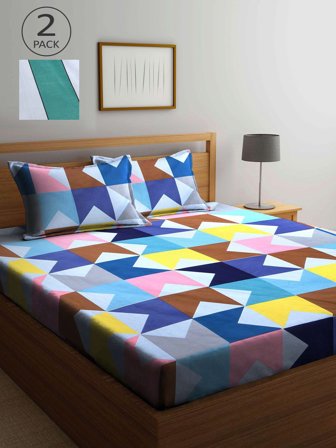 

KLOTTHE Blue & Pink Geometric 210 TC 2 King Bedsheet with 4 Pillow Covers