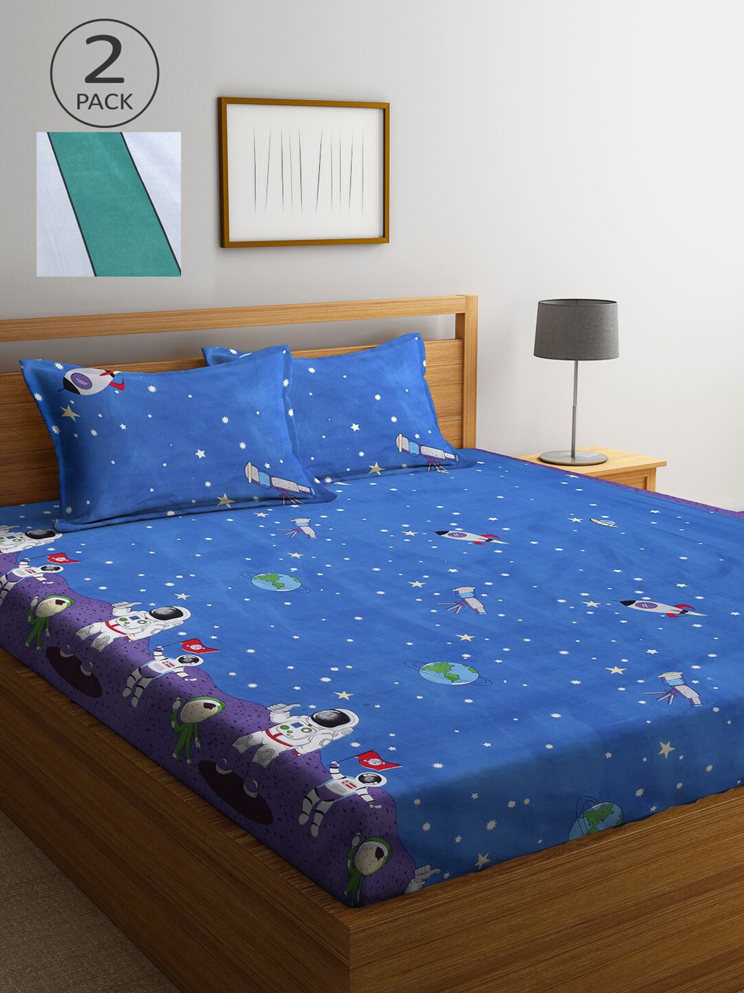 

KLOTTHE Set of 2 Blue & Green Cartoon Characters 300 TC King Bedsheet with 4 Pillow Covers
