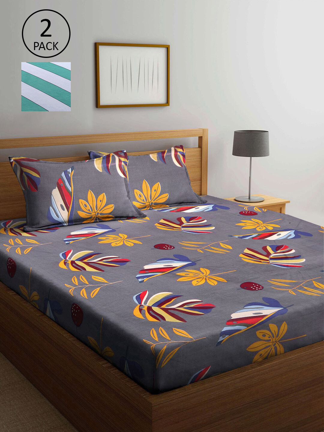 

KLOTTHE Grey & Green Floral 210 TC 2 King Bedsheet with 4 Pillow Covers