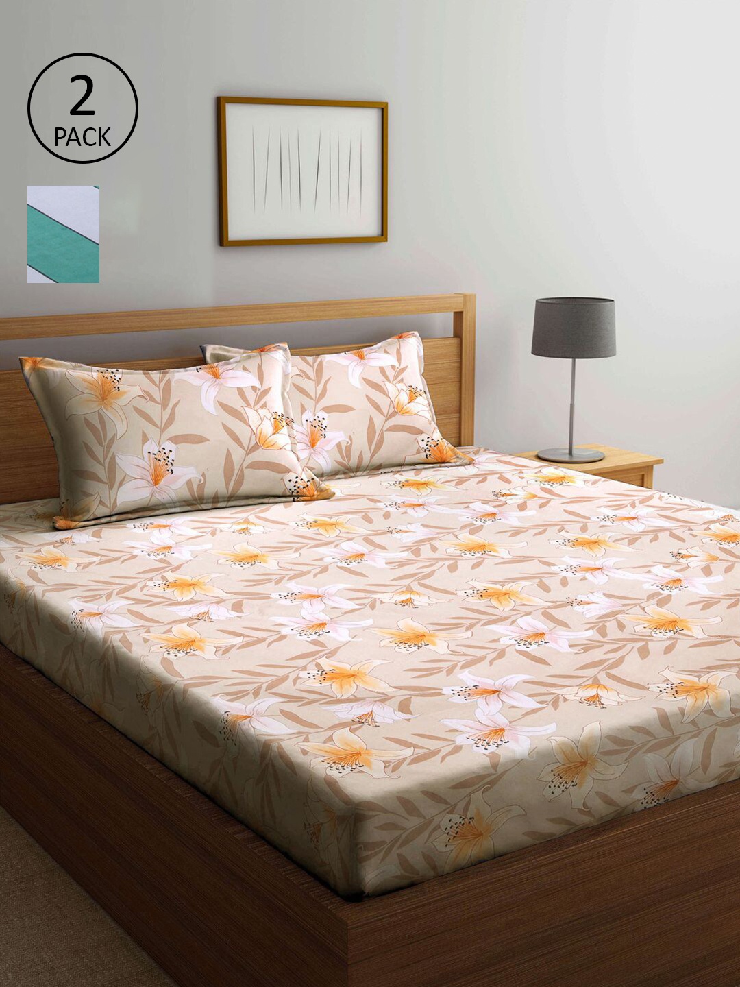 

KLOTTHE Beige & Green Floral 210 TC 2 King Bedsheet with 4 Pillow Covers