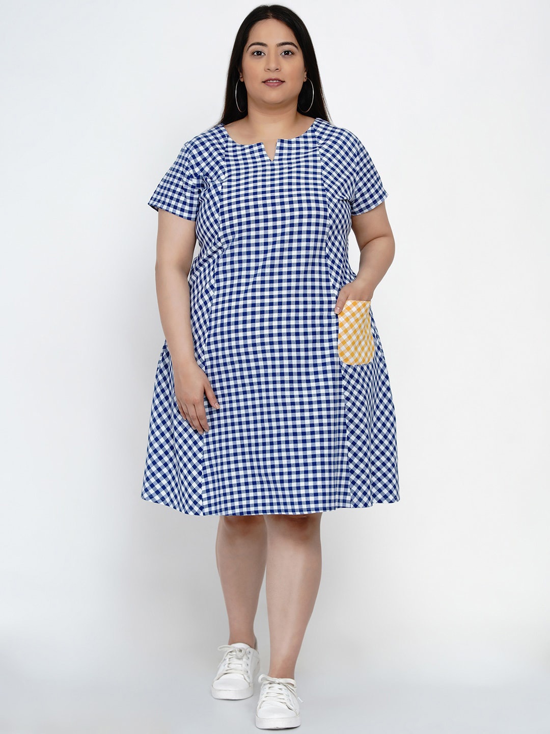 

Fabnest Curve Women Plus Size Blue & White Checked Cotton A-Line Dress