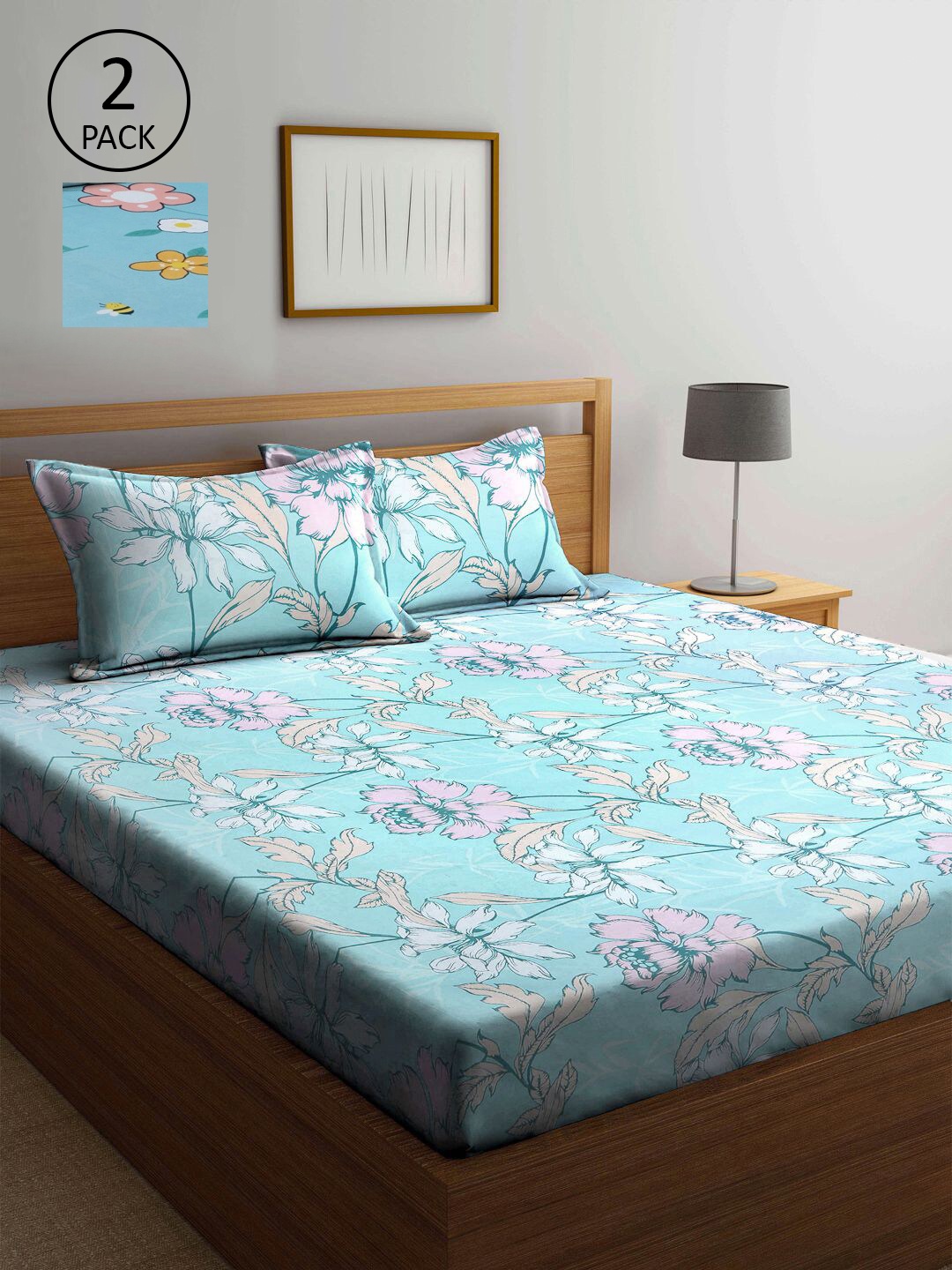 

KLOTTHE Blue & Pink Floral 210 TC 2 King Bedsheet with 4 Pillow Covers