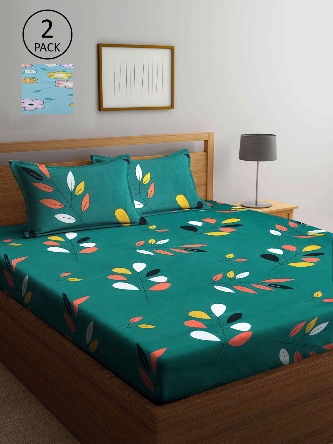 

KLOTTHE Green & Blue Floral 210 TC 2 King Bedsheet with 4 Pillow Covers