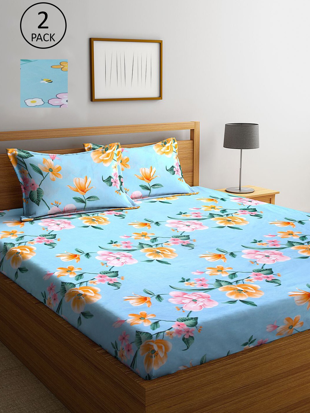 

KLOTTHE Blue & Pink Floral 210 TC 2 King Bedsheet with 4 Pillow Covers