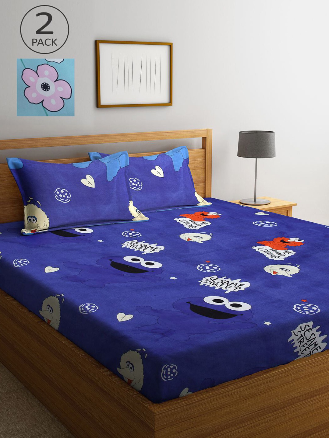 

KLOTTHE Blue Cartoon Characters 210 TC 2 King Bedsheet with 4 Pillow Covers