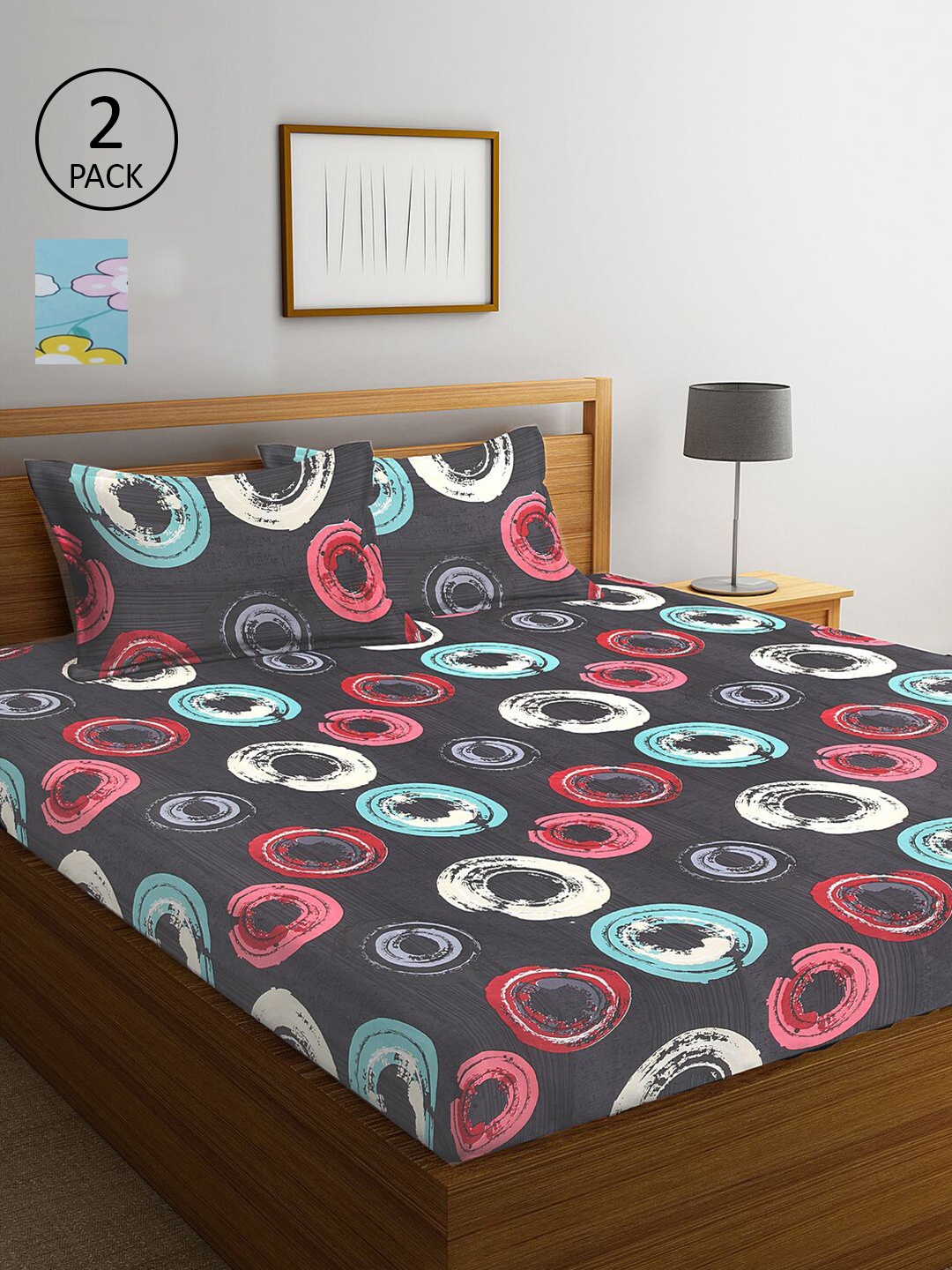 

KLOTTHE Charcoal & Blue Geometric 210 TC 2 King Bedsheet with 4 Pillow Covers