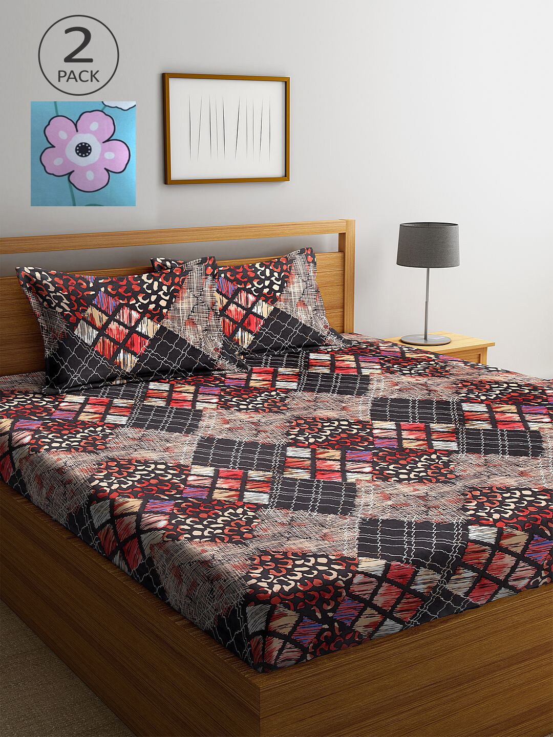 

KLOTTHE Brown & Blue Geometric 210 TC 2 King Bedsheet with 4 Pillow Covers