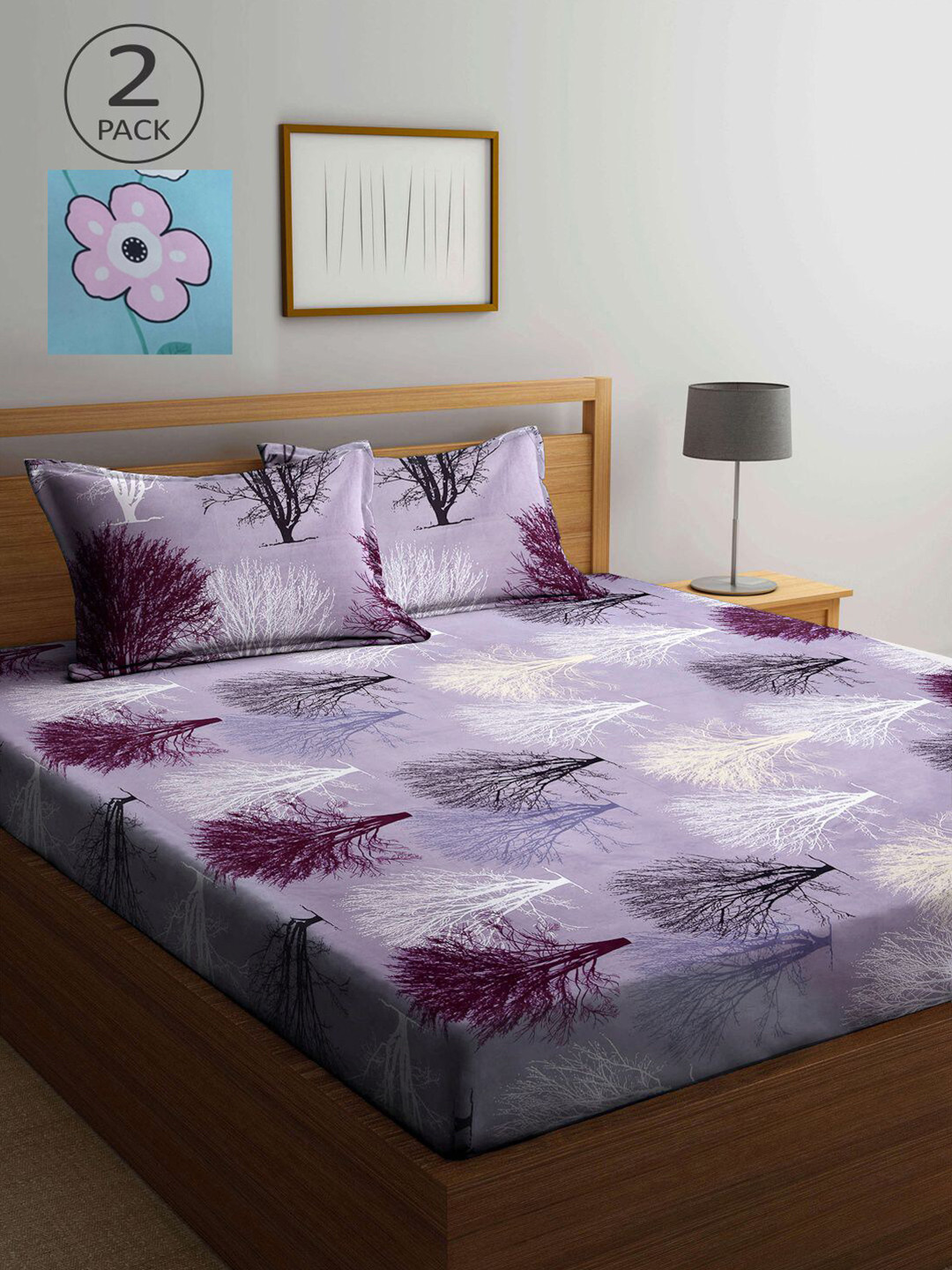 

KLOTTHE Lavender & Blue Floral 210 TC 2 King Bedsheet with 4 Pillow Covers