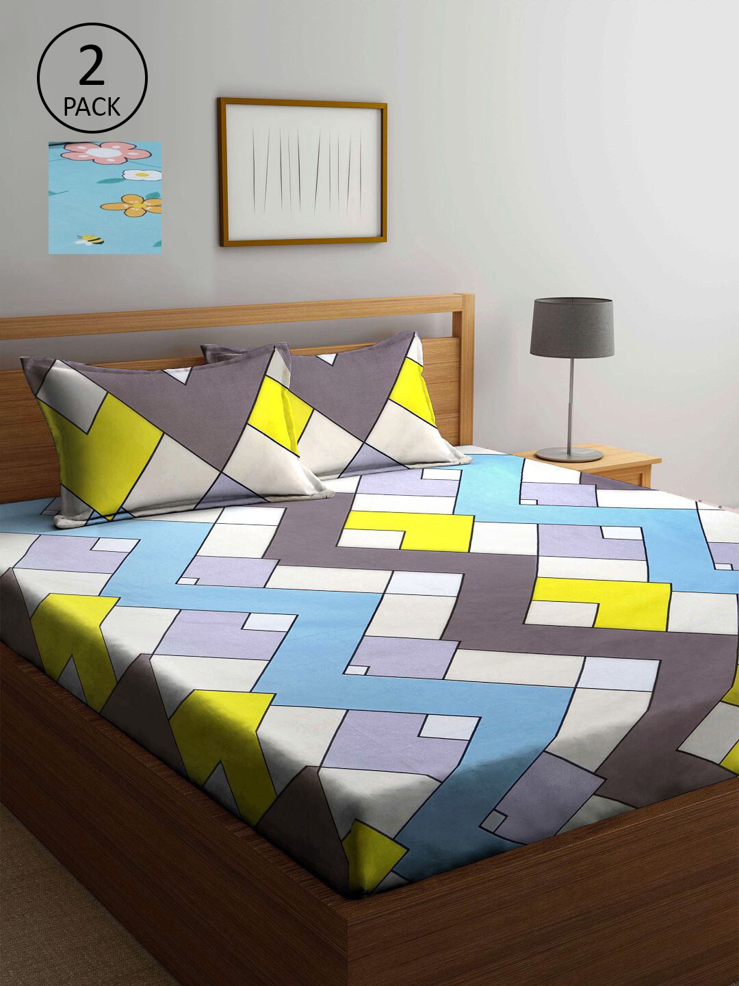 

KLOTTHE Blue & Yellow Geometric 210 TC 2 King Bedsheet with 4 Pillow Covers