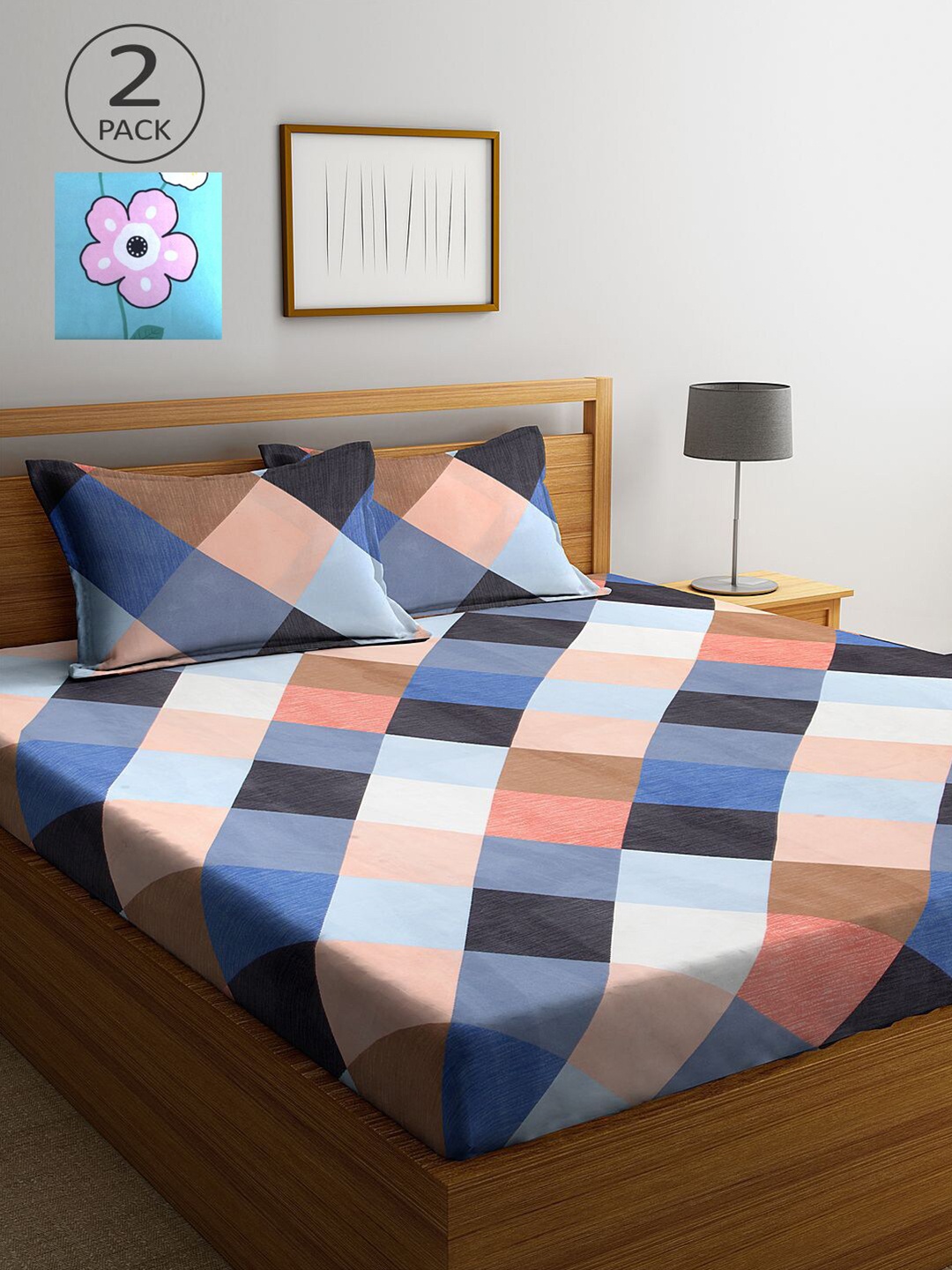 

KLOTTHE Blue & Pink Geometric 210 TC 2 King Bedsheet with 4 Pillow Covers