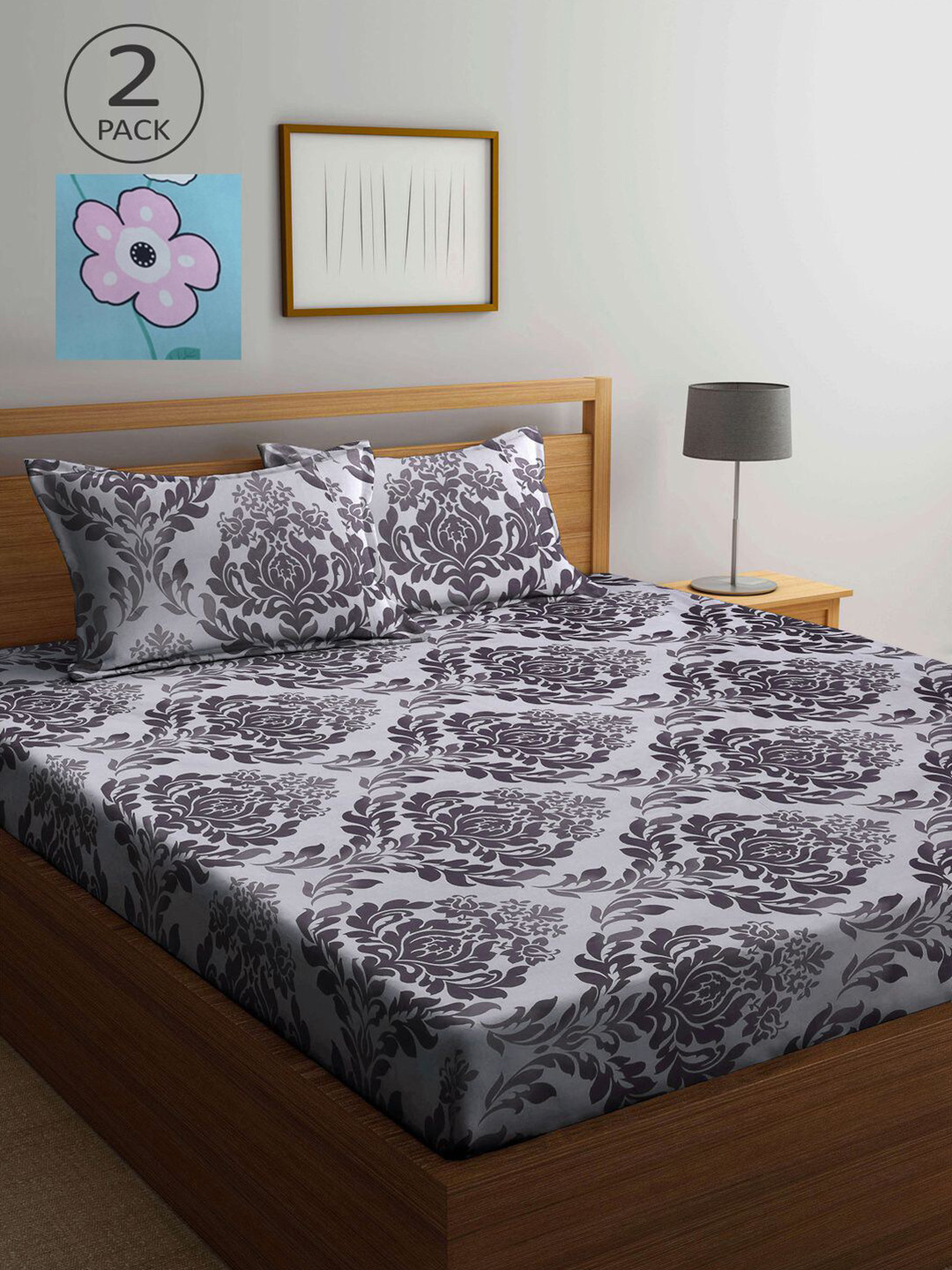 

KLOTTHE Grey & Blue Floral 210 TC 2 King Bedsheet with 4 Pillow Covers