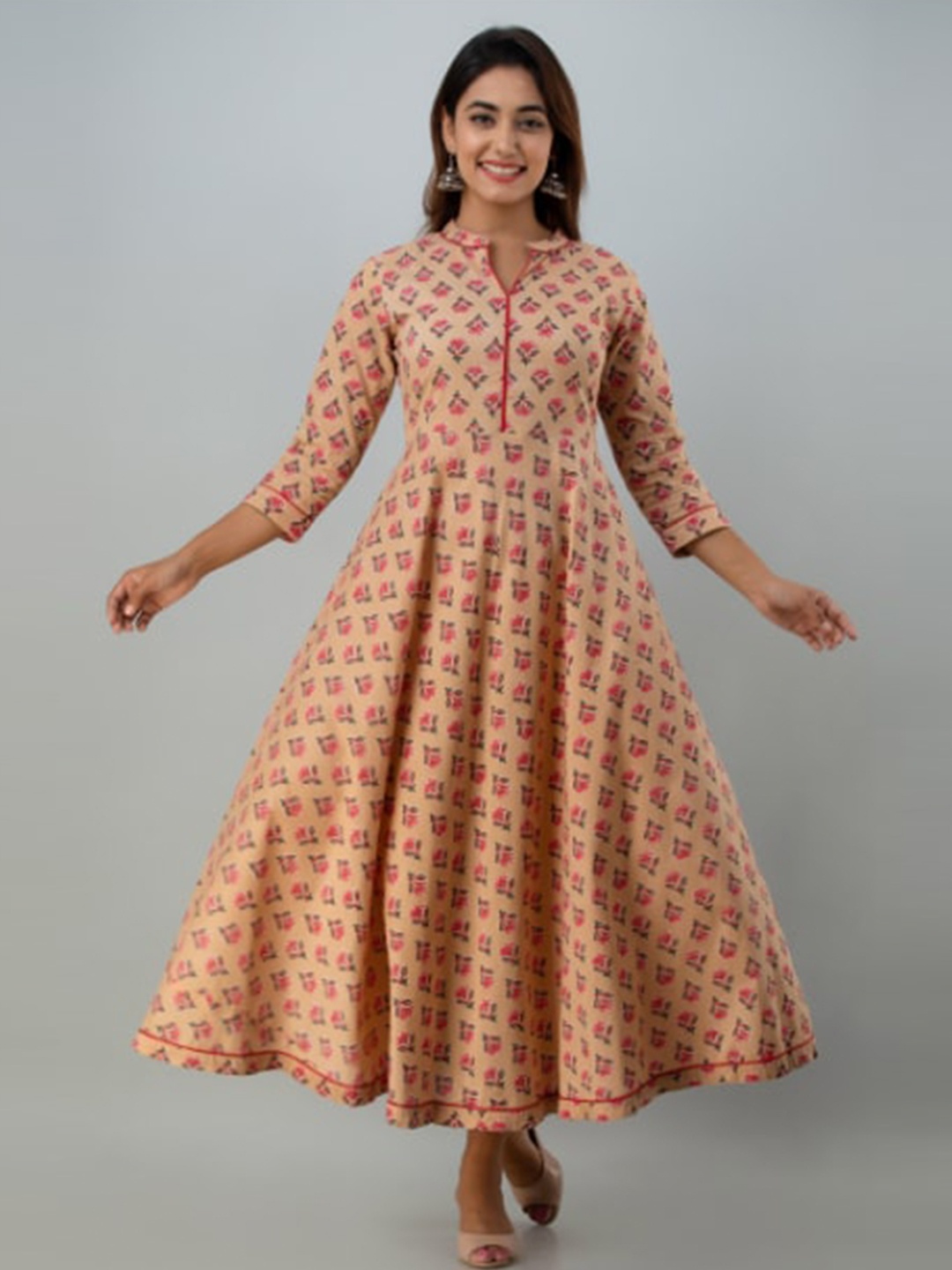 

GLAM ROOTS Beige Ethnic Motifs Printed Cotton Maxi Dress