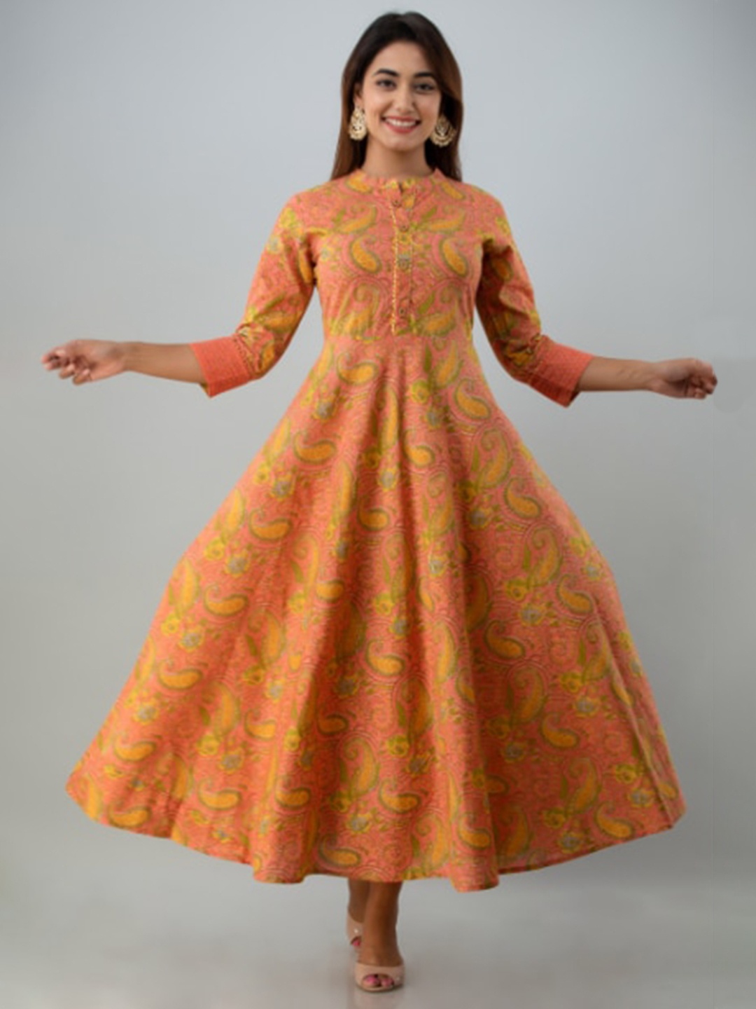 

GLAM ROOTS Yellow Ethnic Motifs Ethnic Cotton Maxi Dress