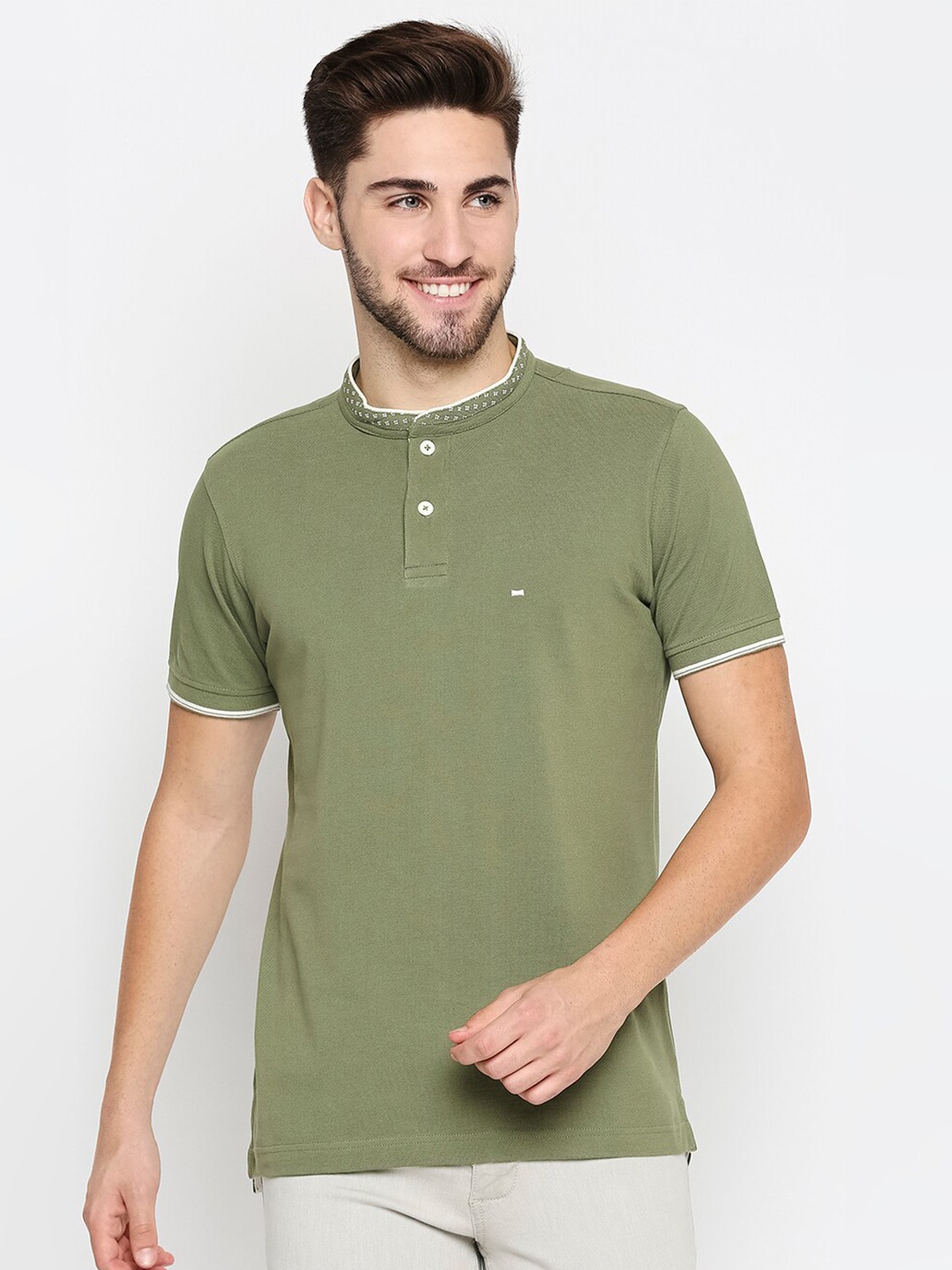 

Basics Men Olive Green & White Solid Mandarin Collar Cotton Slim Fit T-shirt