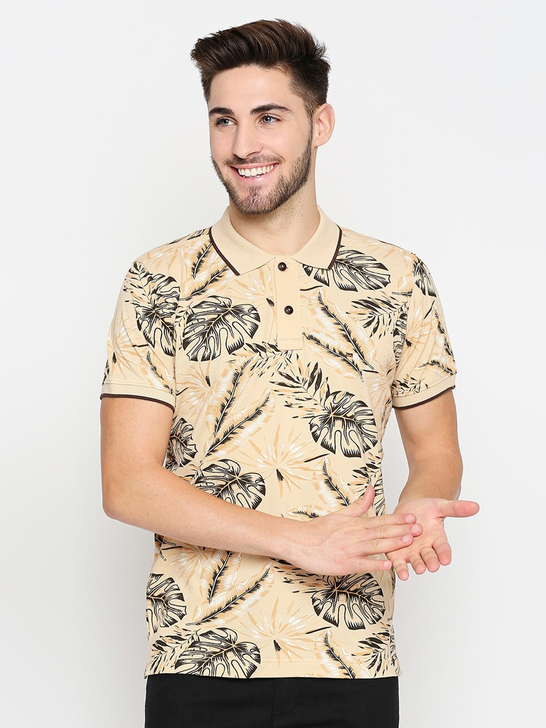 

Basics Men Beige Printed Henley Neck Pure Cotton Slim Fit T-shirt
