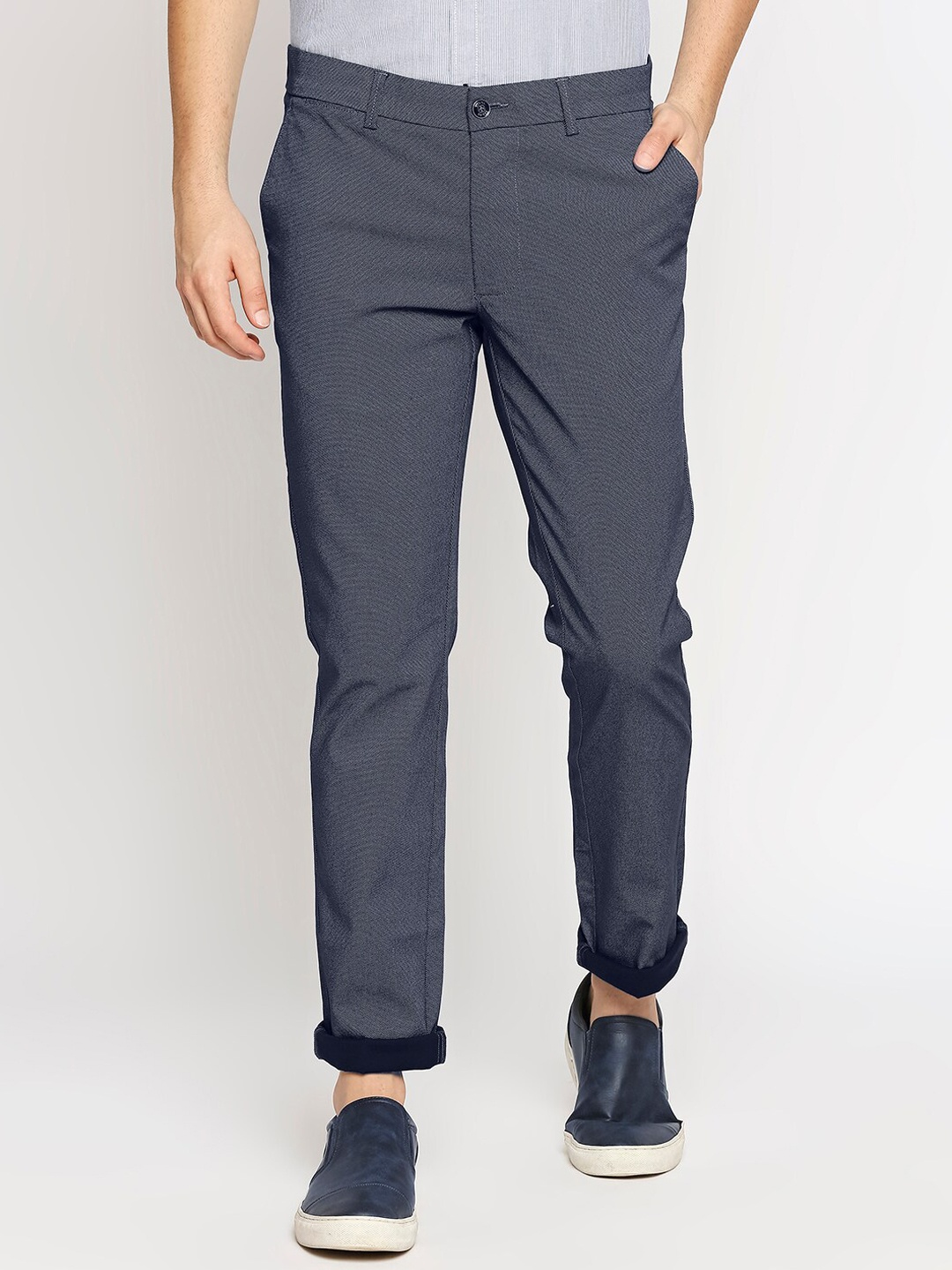 

Basics Men Navy Blue Textured Tapered Fit Pleated Cotton Trousers