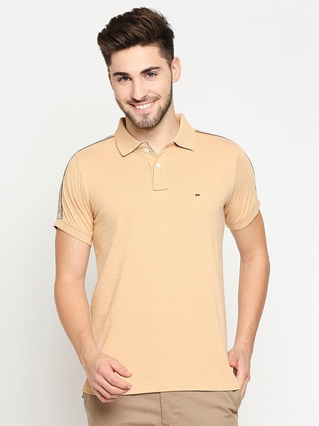 

Basics Men Khaki V-Neck Drop-Shoulder Sleeves Pockets Slim Fit T-shirt