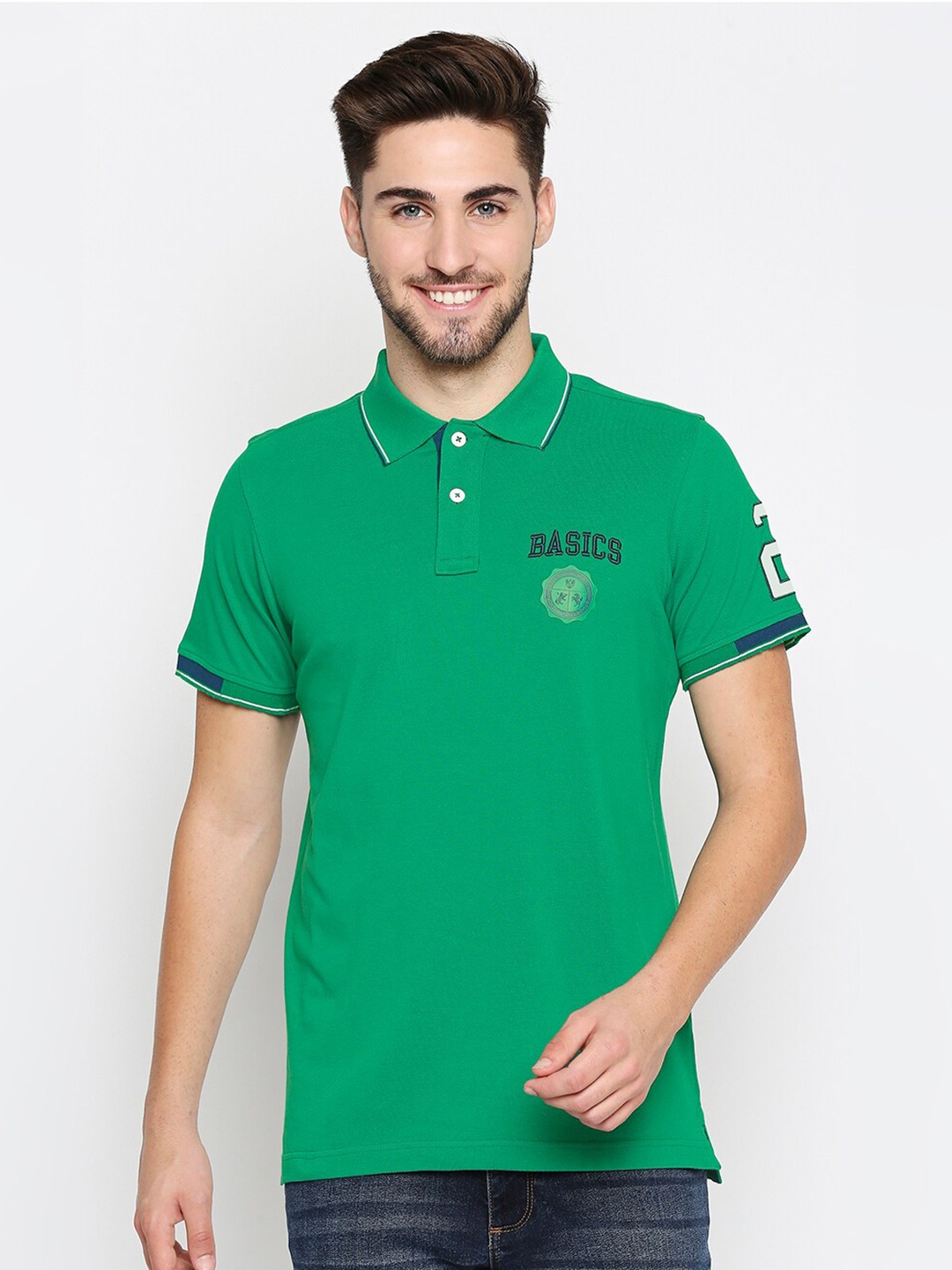 

Basics Men Green Polo Collar Slim Fit Pure Cotton T-shirt