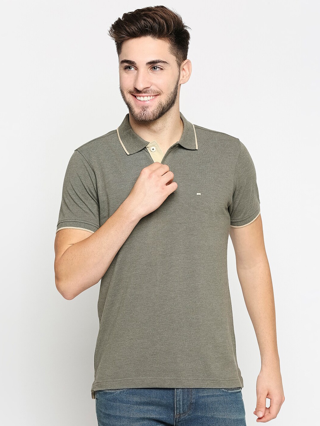 

Basics Men Olive Green Polo Collar Drop-Shoulder Sleeves Raw Edge Slim Fit T-shirt