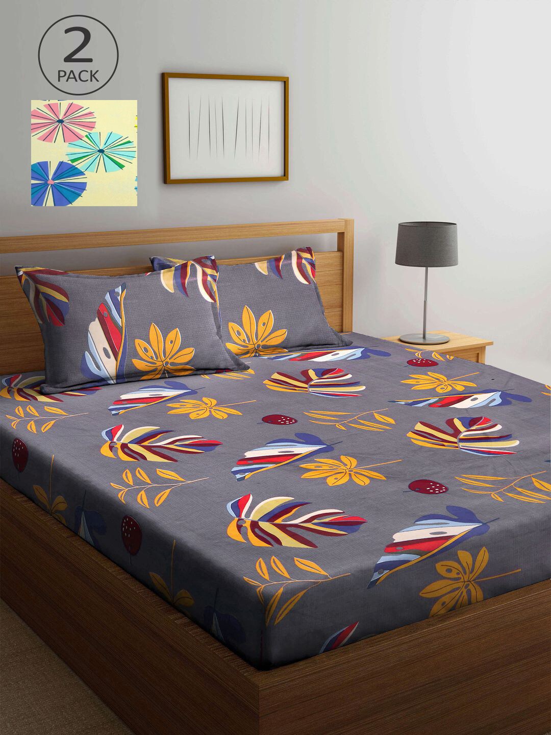 

KLOTTHE Grey & Yellow Floral 210 TC 2 King Bedsheet with 4 Pillow Covers