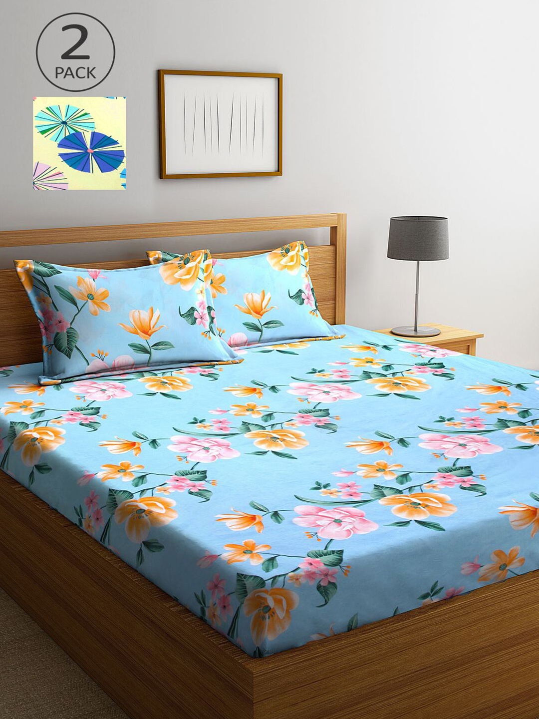 

KLOTTHE Blue & Yellow Floral 210 TC 2 King Bedsheet with 4 Pillow Covers