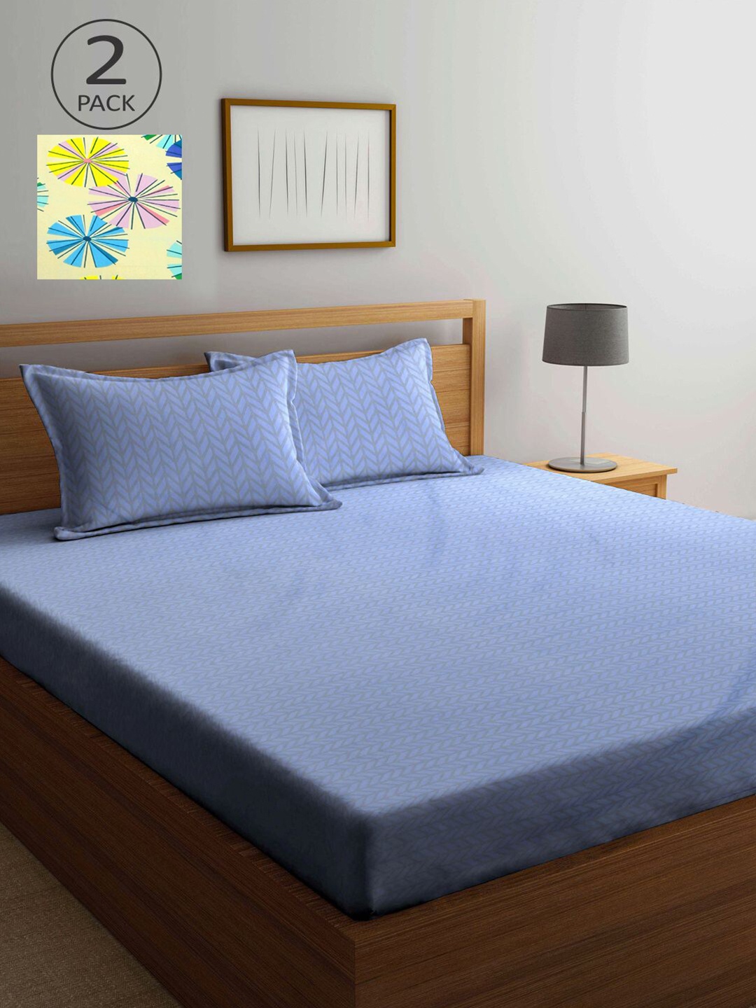 

KLOTTHE Blue & Yellow Geometric 210 TC 2 King Bedsheet with 4 Pillow Covers