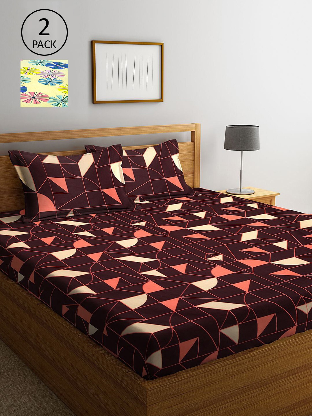 

KLOTTHE Yellow & Brown Geometric 210 TC 2 King Bedsheet with 4 Pillow Covers