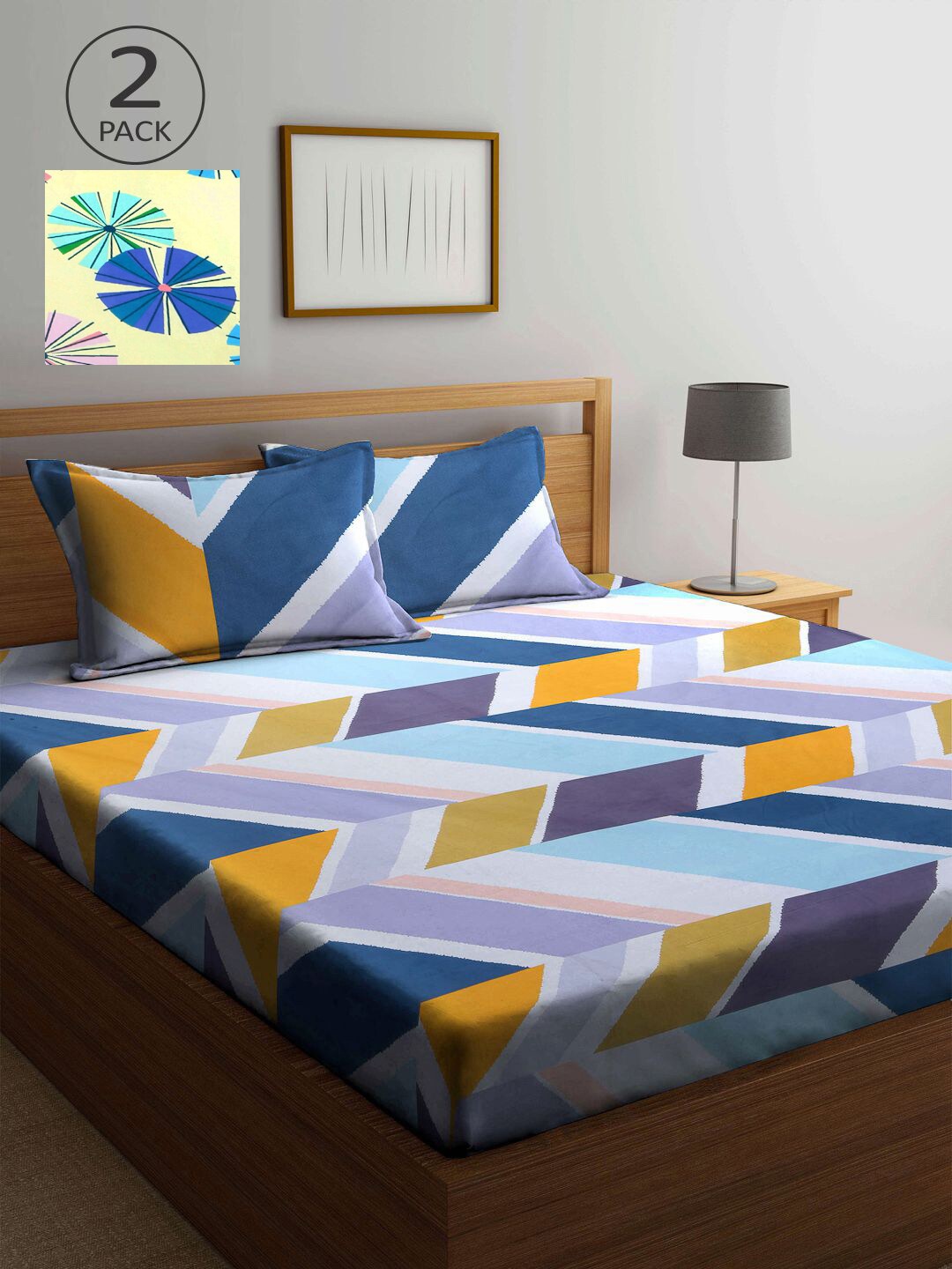 

KLOTTHE Blue & Yellow Geometric 210 TC 2 King Bedsheet with 4 Pillow Covers